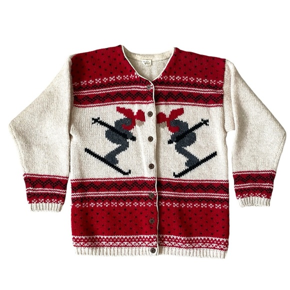 VINTAGE Oversized Wool Knit Downhill Ski Novelty Cardigan Medium - Picture 1 of 8